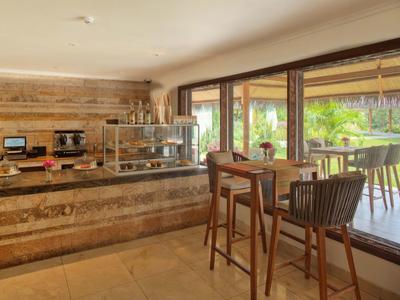 Gemütliches Café mit Holztheke, hohen Stühlen und großen Fenstern zum grünen Außenbereich.