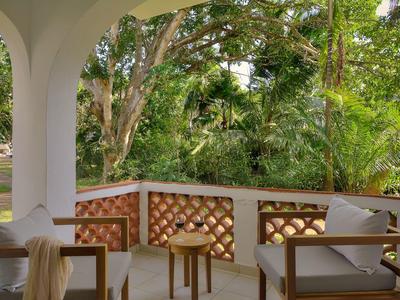 Balcony with wooden chairs and table surrounded by lush greenery and trees.
