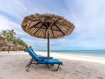 Empty lounge chair under a straw umbrella on a quiet sandy beach overlooking the sea.