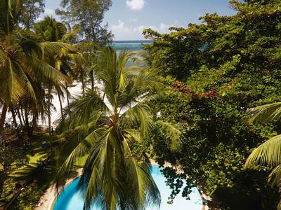 Round-shaped pool surrounded by palm trees and tropical vegetation under a blue sky.