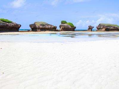 Plage de sable blanc avec petites îles rocheuses et ciel bleu en arrière-plan.