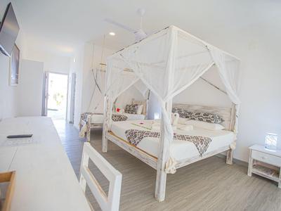 Chambre d'hôtel lumineuse avec lit à baldaquin, bureau, chaise et télévision murale.