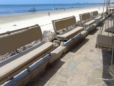 Filas de bancos sombreados en una playa soleada con vista al mar.