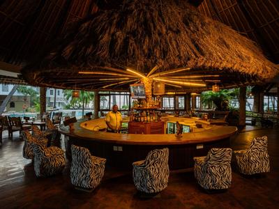 Gemütliche Baranlage mit Strohdach, runden Holztresen und gepolsterten Hockern in einem Hotel.