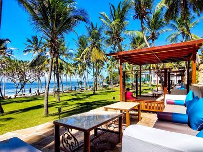 Outdoor lounge with comfortable seating, overlooking palm trees and the blue sea.