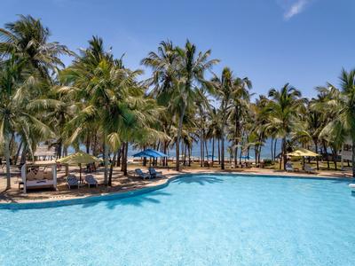 Großer Pool mit klarem Wasser, umgeben von vielen Palmen und blauer Himmel im Hintergrund.