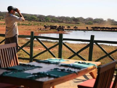 Mann beobachtet Tiere mit Fernglas an Wasserstelle von Terrasse mit Tisch und Stühlen.