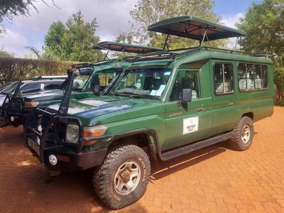 Green off-road vehicle with roof rack on red soil under cloudy sky.