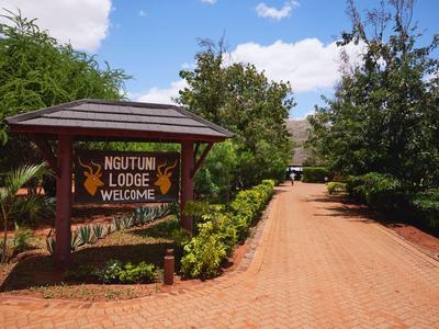 Entrance to Ngutuni Lodge with paved path and lush greenery under a blue sky.