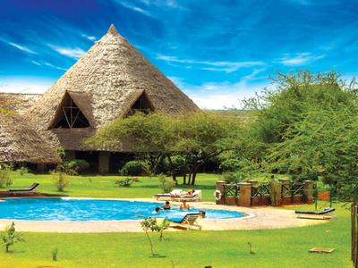 An exotic hotel with thatched roof, swimming pool, and green landscape under a blue sky.