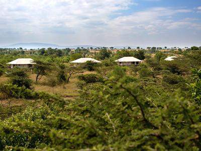 Dachkuppeln von Zelten in einer grünen Savannenlandschaft unter bewölktem Himmel.