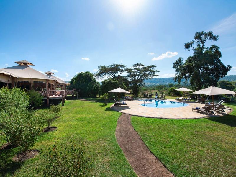 Großer Poolbereich mit Sonnenschirmen, umgeben von grünem Rasen und Bäumen bei klarem Himmel.