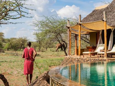 Person steht vor einem Pool mit Blick auf einen Elefanten in der Savanne neben einer Lodge.