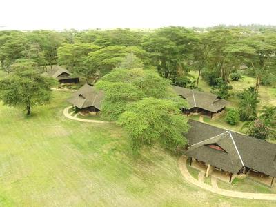 Aerial view of a safari lodge with multiple small buildings surrounded by green trees.