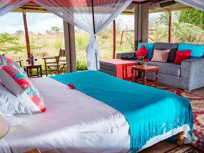 An open room with a cozy bed, sofas, and a view of natural surroundings.