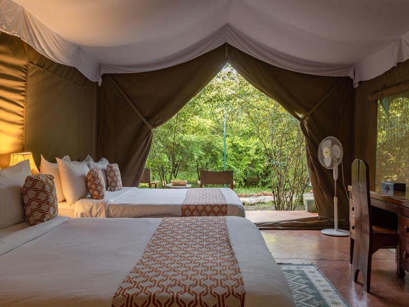 Luxurious safari tent with two beds, wooden furniture, and a view into lush greenery.