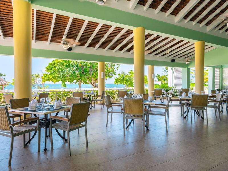 Amplia zona de restaurante abierta con sillas y mesas con vista a la vegetación.