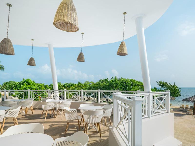 Open terrace with white tables and chairs overlooking the sea and palm trees.