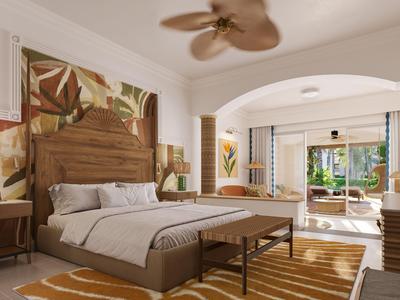 Modernes Hotelzimmer mit Holzmöbeln, Deckenventilator und Zugang zu einer Terrasse mit Gartenblick.