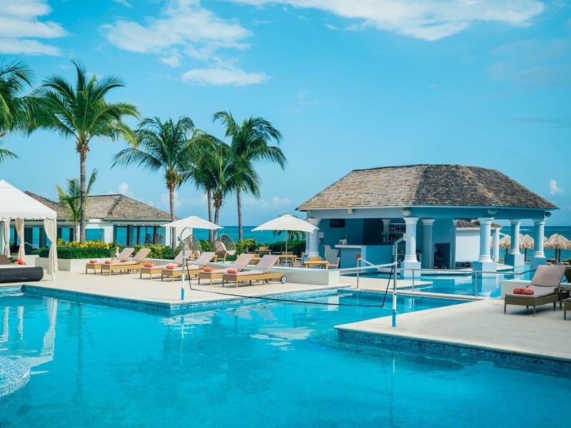 Luxusní bazén s palmami a barem u moře pod modrou oblohou.