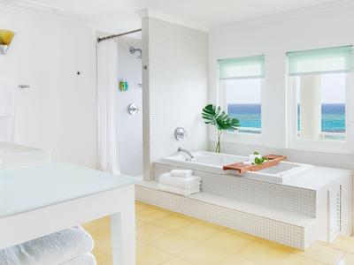 Helles Badezimmer mit weißem Design, Dusche, Fenster mit Meerblick und Badewanne mit Pflanzen.
