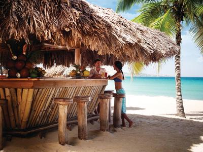 Ein Strandbar mit Strohdach und Holzhockern am Sandstrand neben einer Palme.