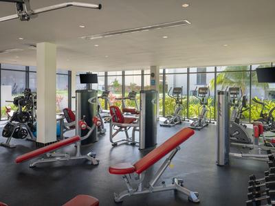 Moderner Fitnessraum mit verschiedenen Trainingsgeräten und großen Fenstern mit Pflanzenblick.