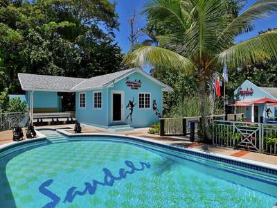 Blauer Pool vor einem hellblauen Haus mit Palmen und grünem Laub im Hintergrund