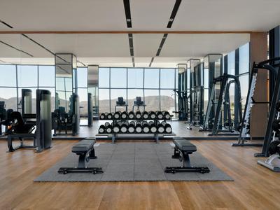 Moderner Fitnessraum mit Hantelbänken, Hanteln und großen Fenstern mit Blick nach draußen.