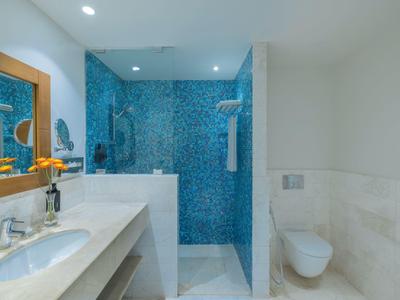 Modern bathroom with white sink, mirror, and blue tiled shower area.