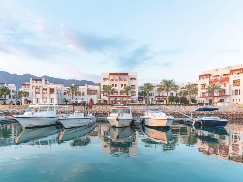 Boats in calm harbor in front of white buildings with mountains in the background under clear sky.