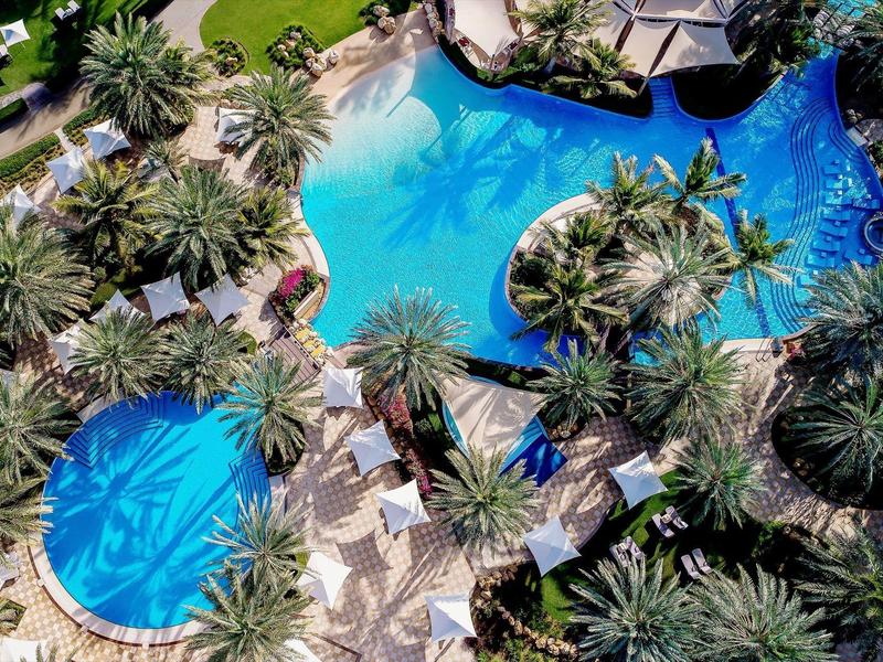 Aerial view of a luxury hotel pool area with palm trees and multiple pools.