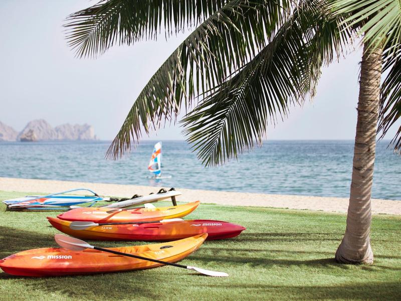 Kayaks coloridos sobre césped verde bajo palmeras con el mar de fondo.