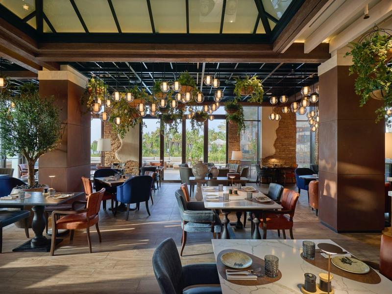 Restaurant moderne avec grandes fenêtres, plantes et éclairage élégant