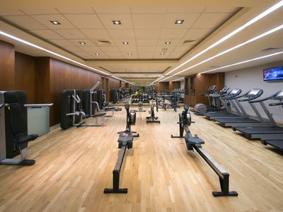 Moderní posilovna s veslovacími trenažéry a běžeckými pásy na dřevěné podlaze