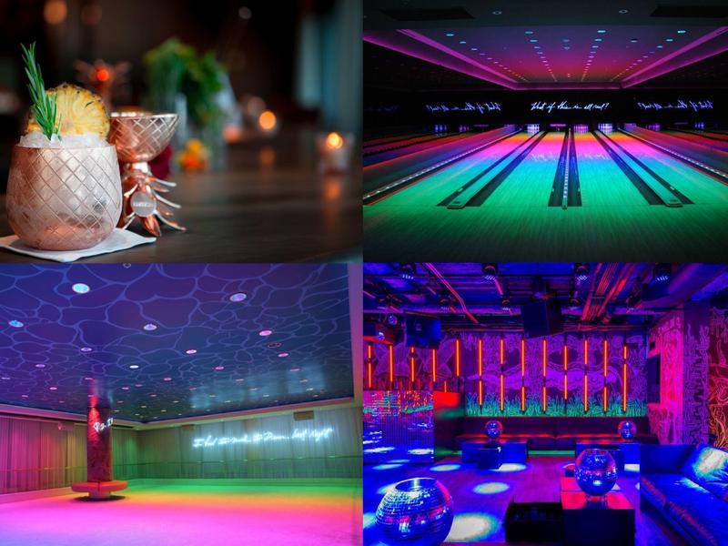 Vier bunte Bilder von Bar mit Cocktails, Bowlingbahn und Tanzfläche in Neonlicht.