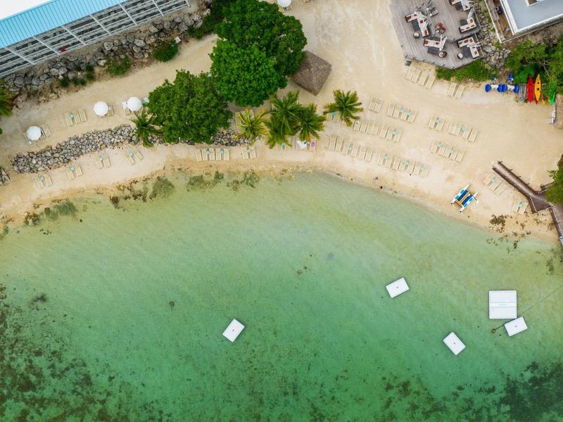 Luftaufnahme eines tropischen Strandes mit grünem Wasser, Sand, Gebäuden und Palmen.