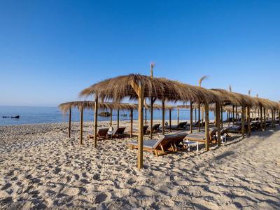 Strand mit Liegen und Schilfdächern unter klarem blauem Himmel am ruhigen Meer.