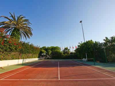 Un campo da tennis in terra rossa circondato da alberi verdi e palme sotto un cielo blu.