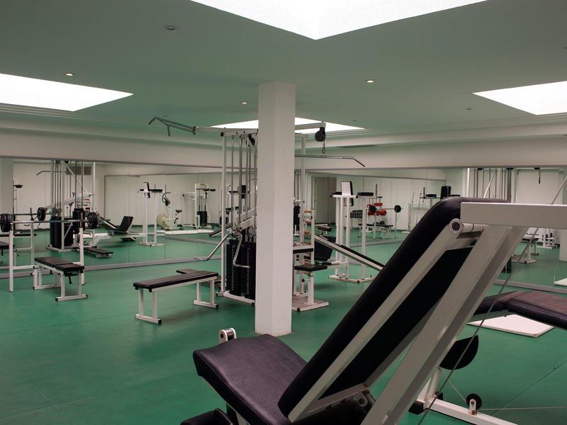 Ein bestens ausgestatteter Fitnessraum mit verschiedenen Trainingsgeräten und grüner Bodenfläche.