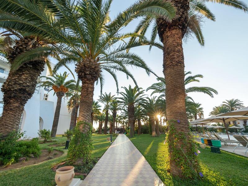 Ścieżka z palmami i leżakami obok budynku hotelu o zachodzie słońca.