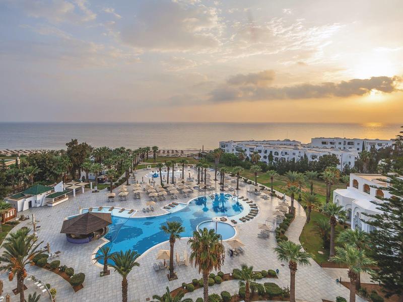 Piscina a forma libera circondata da palme con vista sul mare al tramonto.