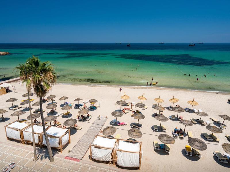 Plaża z palmami, leżakami i parasolami przy czystym, spokojnym morzu