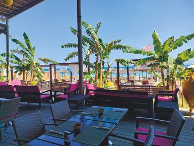 Venkovní posezení plážového baru s banánovníky a výhledem na pláž.