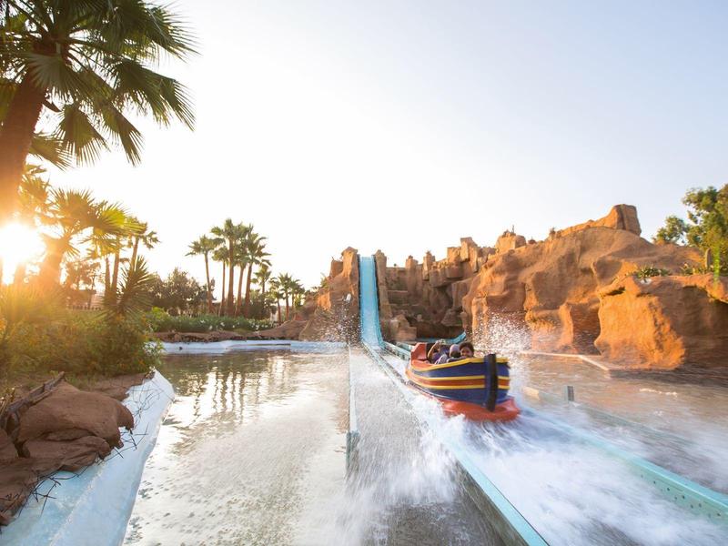 Gioco d'acqua in un parco a tema soleggiato con paesaggio roccioso e palme