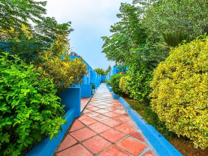 Camino de pavimento rojo con muros azules y arbustos verdes a ambos lados bajo un cielo nublado.