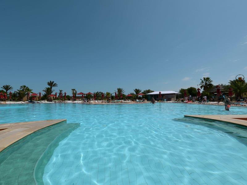 Velký čistý bazén s terasou na sluníčko a palmami pod jasnou modrou oblohou.