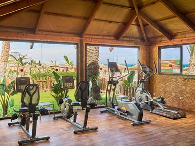 Fitnessraum mit modernem Cardio-Equipment und Blick auf einen Garten.