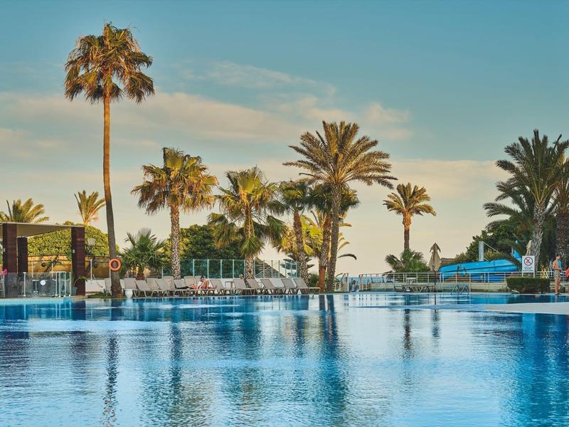 Großer Pool mit Palmen und Liegestühlen unter blauem Himmel
