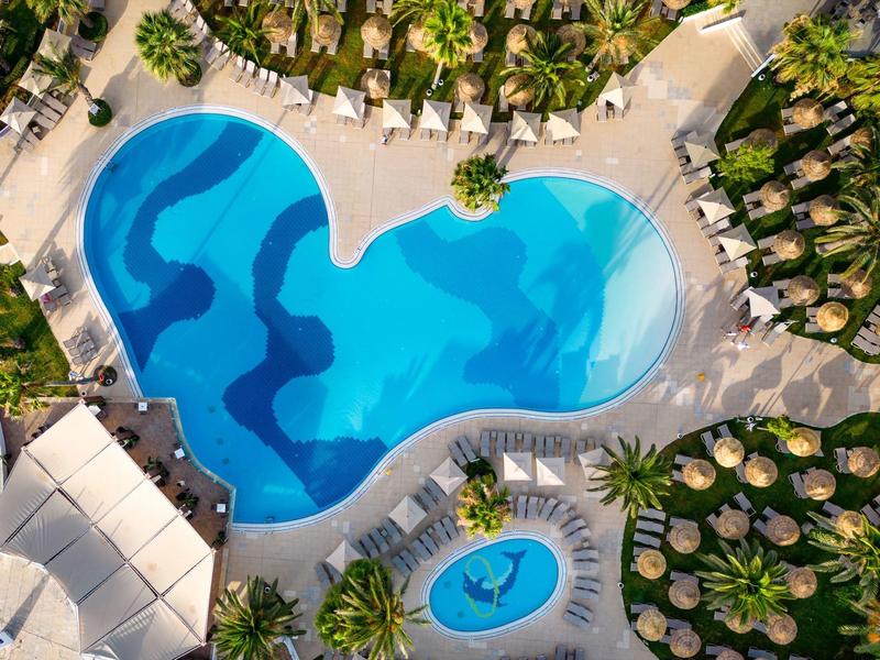 Luftaufnahme eines großen, blau schattierten Pools in organischer Form, umgeben von Palmen und Liegestühlen.